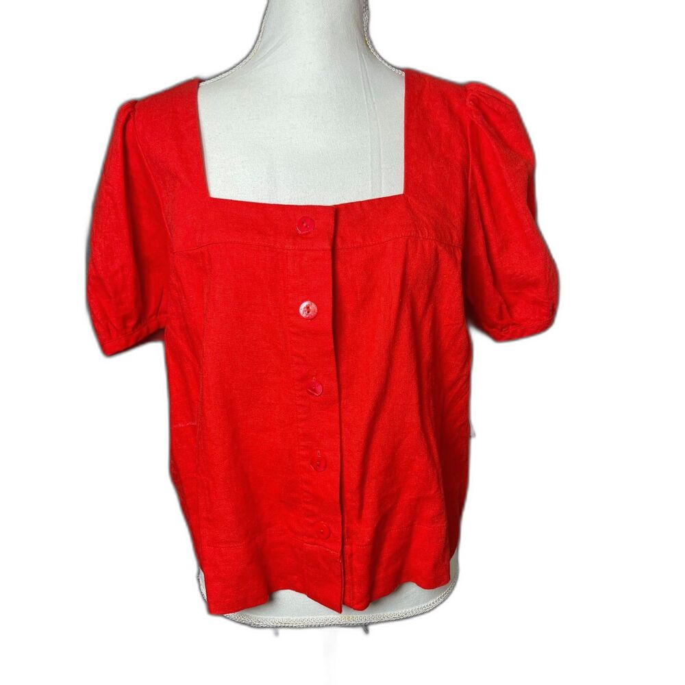 Calligraphie Linen Red Button Down Square Neck Short Sleeve Top Size Medium NWT